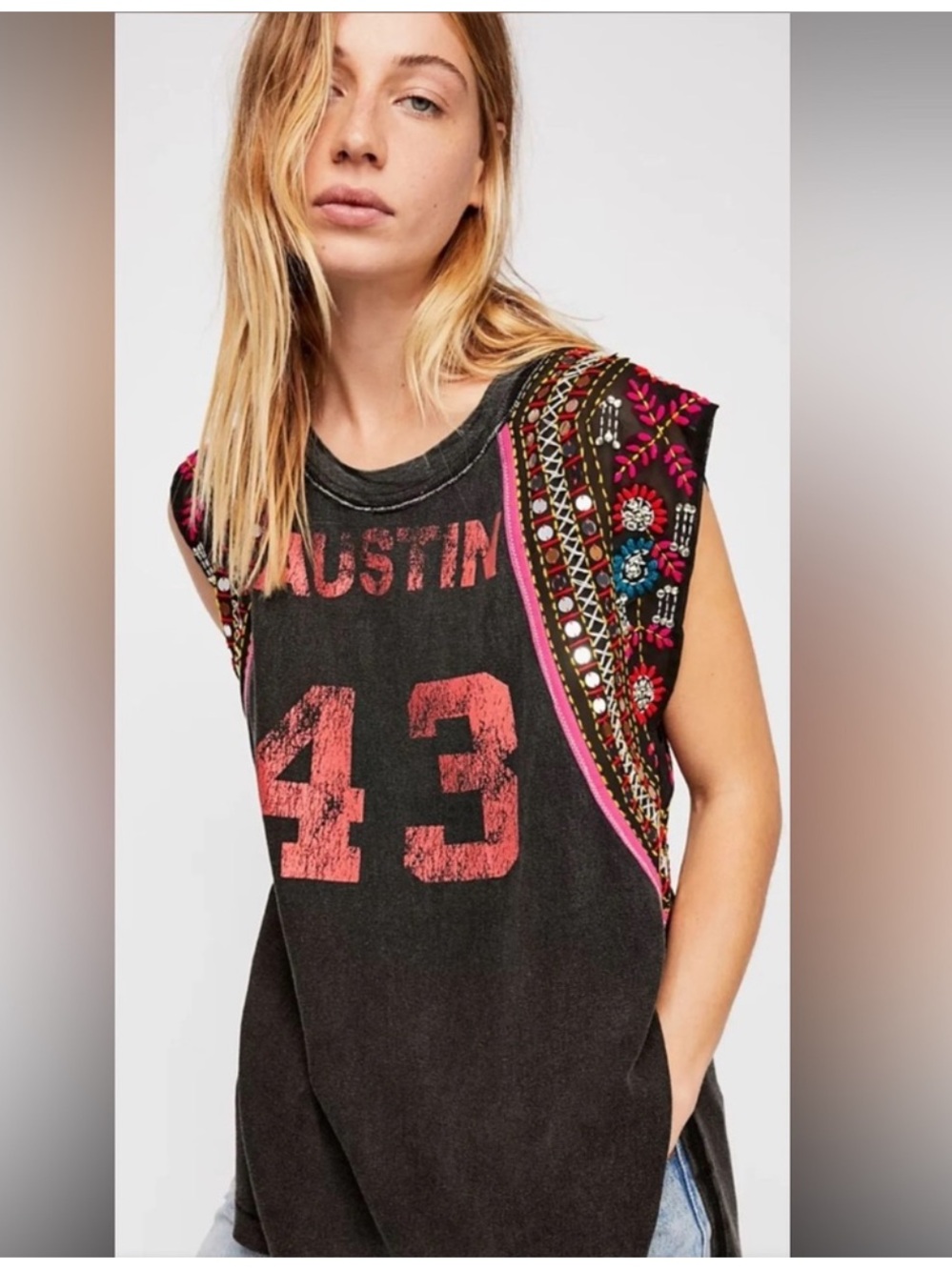 We The Free Black Washed Graphic Tank with Pink Trim and Red Number